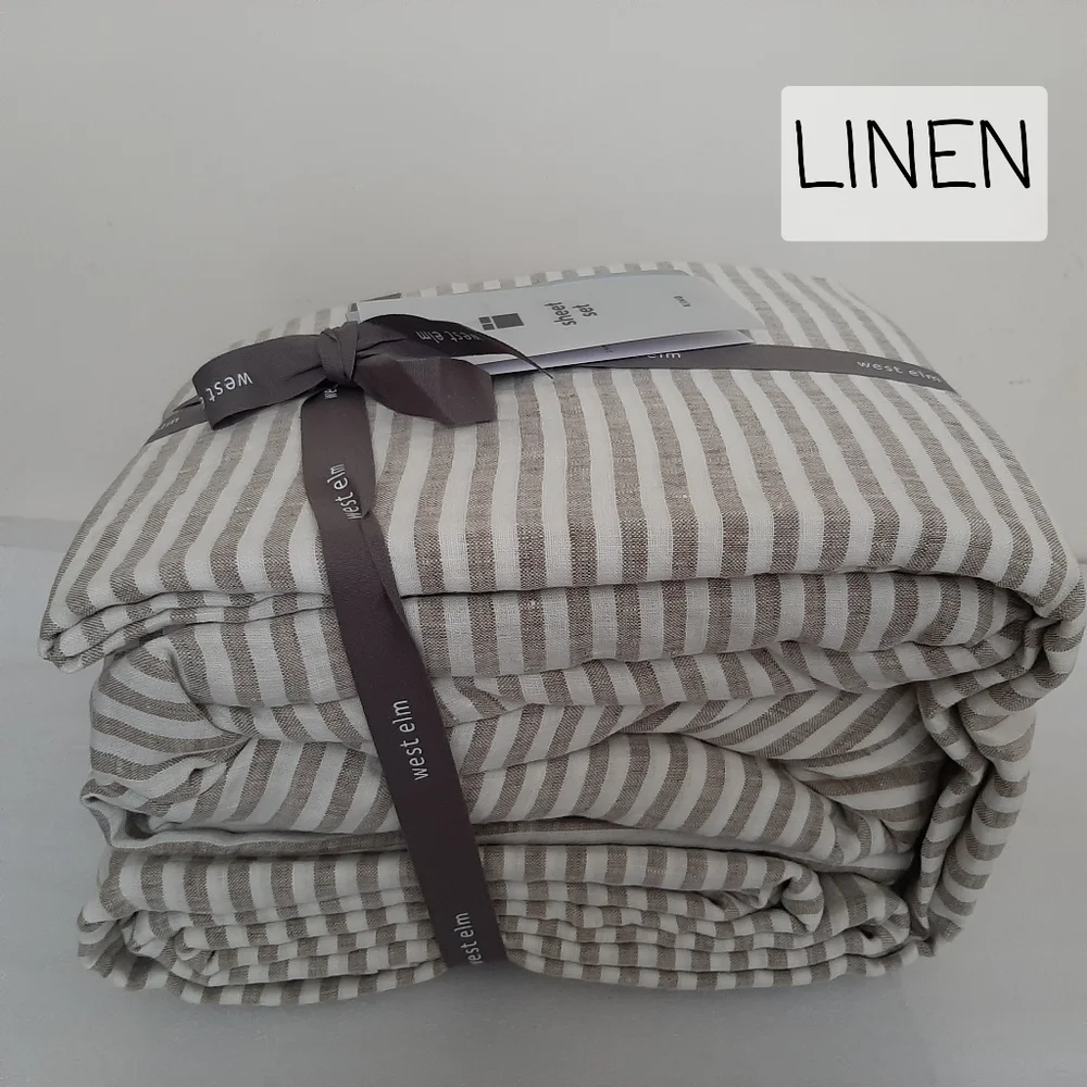 West Elm European Flax Linen Classic Stripe KING Sheet Set CEDAR